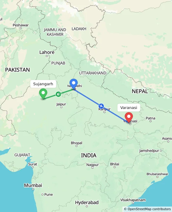 Route map showing distance and travel time from Sujangarh, India to Varanasi, India
