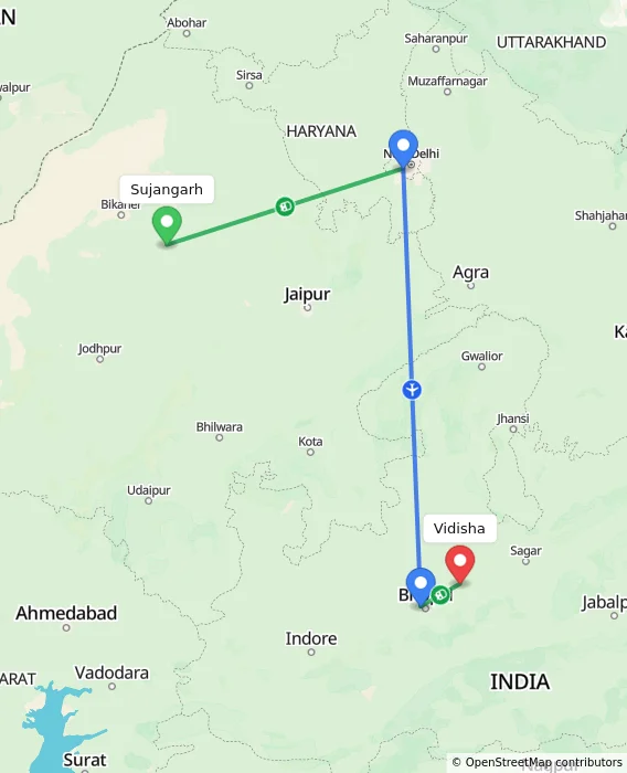 Route map showing distance and travel time from Sujangarh, India to Vidisha, India
