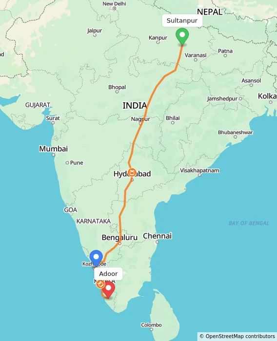 Route map showing distance and travel time from Sultanpur, India to Adoor, India