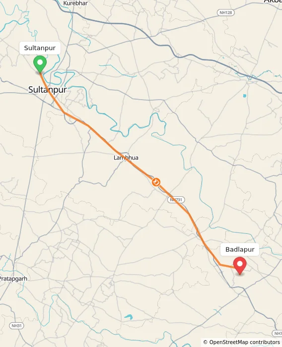 Route map showing distance and travel time from Sultanpur, India to Badlapur, India