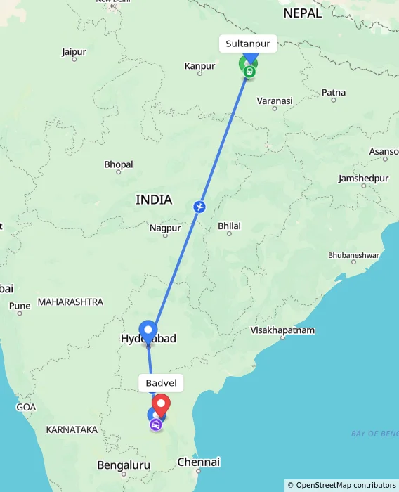 Route map showing distance and travel time from Sultanpur, India to Badvel, India