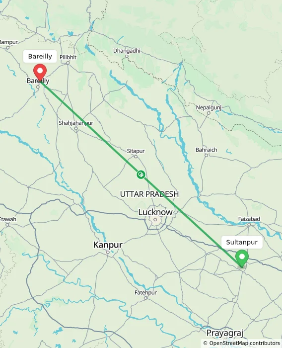 Route map showing distance and travel time from Sultanpur, India to Bareilly, India