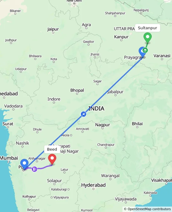 Route map showing distance and travel time from Sultanpur, India to Beed, India