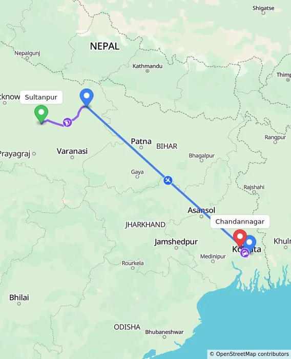 Route map showing distance and travel time from Sultanpur, India to Chandannagar, India