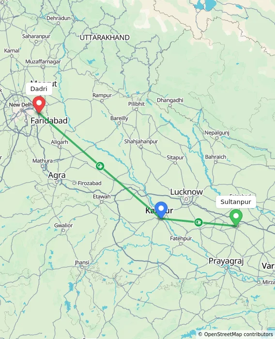 Route map showing distance and travel time from Sultanpur, India to Dadri, India