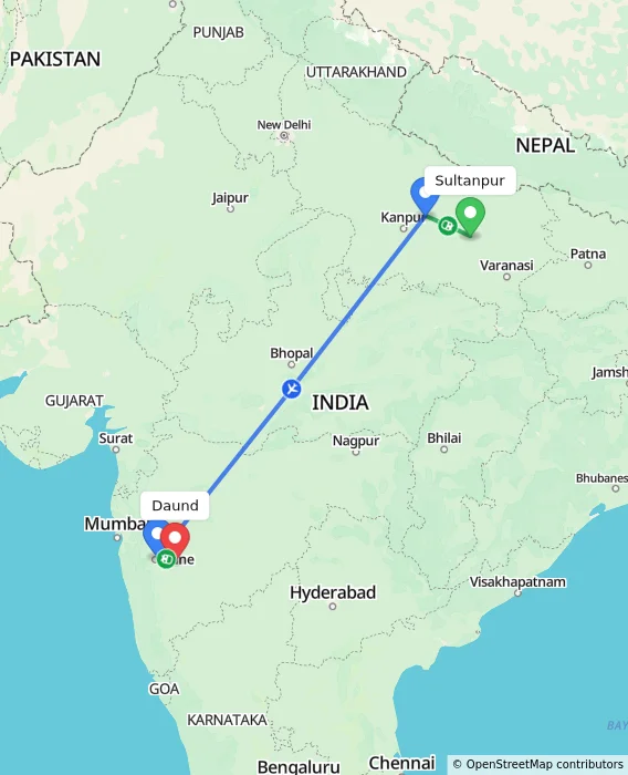 Route map showing distance and travel time from Sultanpur, India to Daund, India