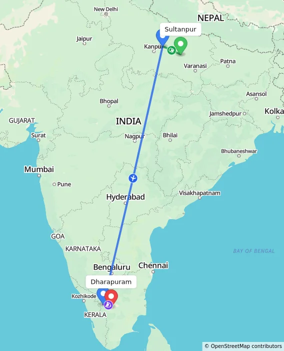 Route map showing distance and travel time from Sultanpur, India to Dharapuram, India