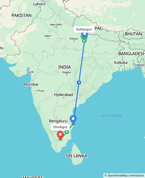 Route map showing distance and travel time from Sultanpur, India to Dindigul, India