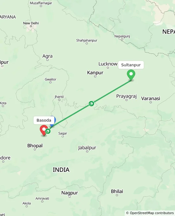 Route map showing distance and travel time from Sultanpur, India to Basoda, India