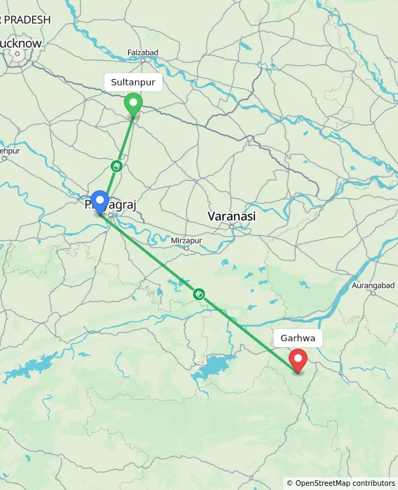 Route map showing distance and travel time from Sultanpur, India to Garhwa, India