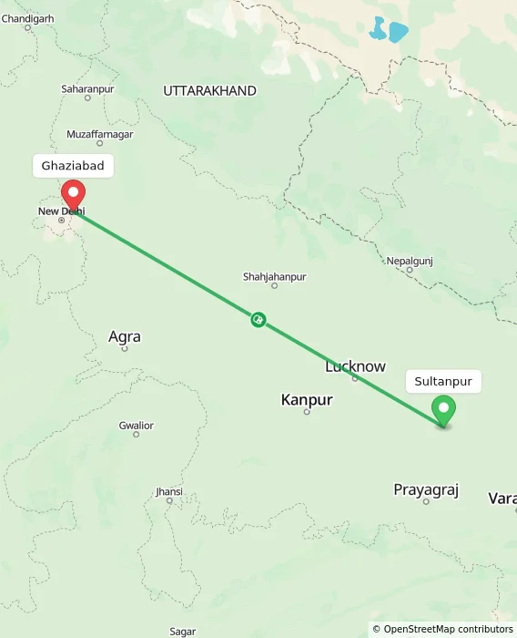 Route map showing distance and travel time from Sultanpur, India to Ghaziabad, India
