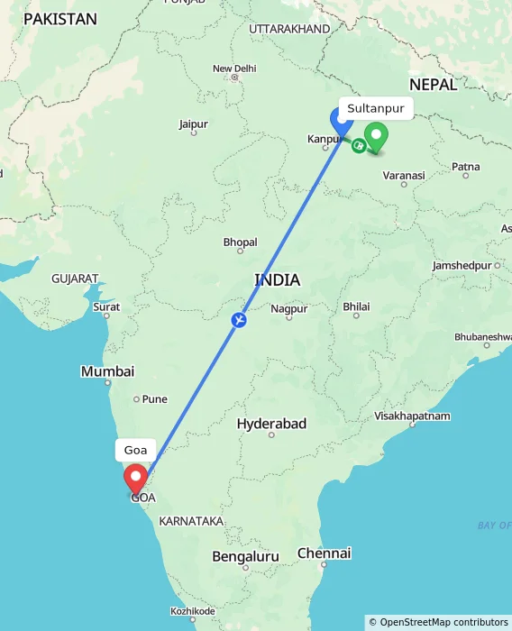 Route map showing distance and travel time from Sultanpur, India to Goa, India