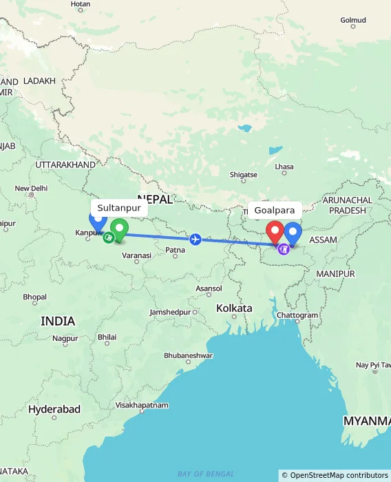 Route map showing distance and travel time from Sultanpur, India to Goalpara, India