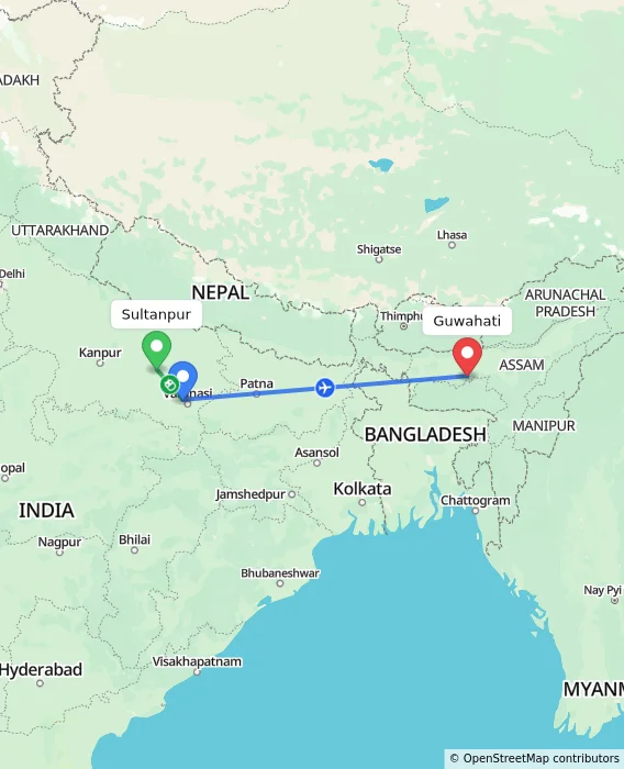 Route map showing distance and travel time from Sultanpur, India to Guwahati, India