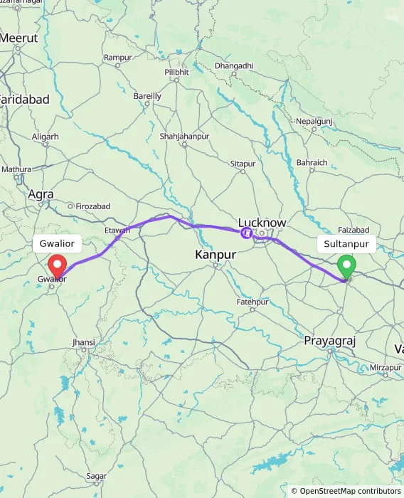 Route map showing distance and travel time from Sultanpur, India to Gwalior, India