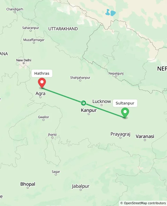 Route map showing distance and travel time from Sultanpur, India to Hathras, India