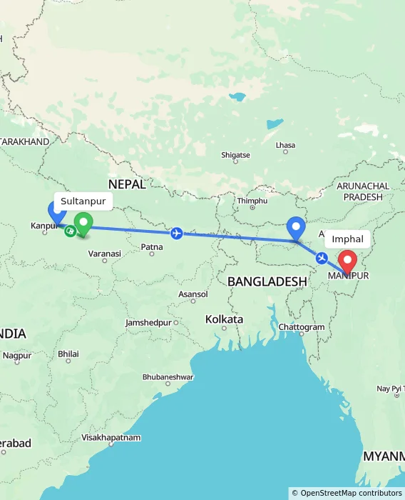 Route map showing distance and travel time from Sultanpur, India to Imphal, India