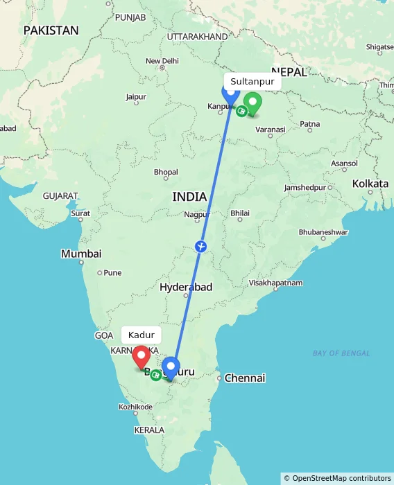 Route map showing distance and travel time from Sultanpur, India to Kadur, India