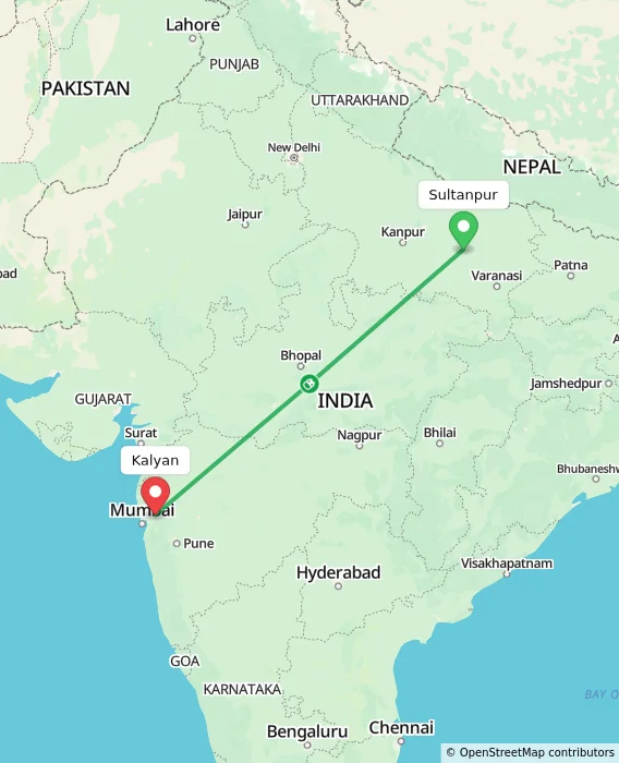 Route map showing distance and travel time from Sultanpur, India to Kalyan, India