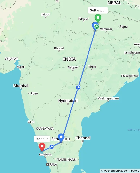 Route map showing distance and travel time from Sultanpur, India to Kannur, India