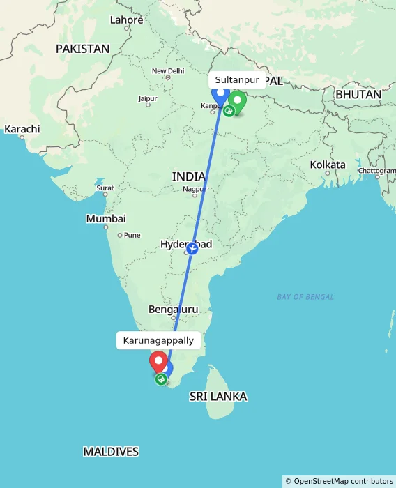 Route map showing distance and travel time from Sultanpur, India to Karunagappally, India