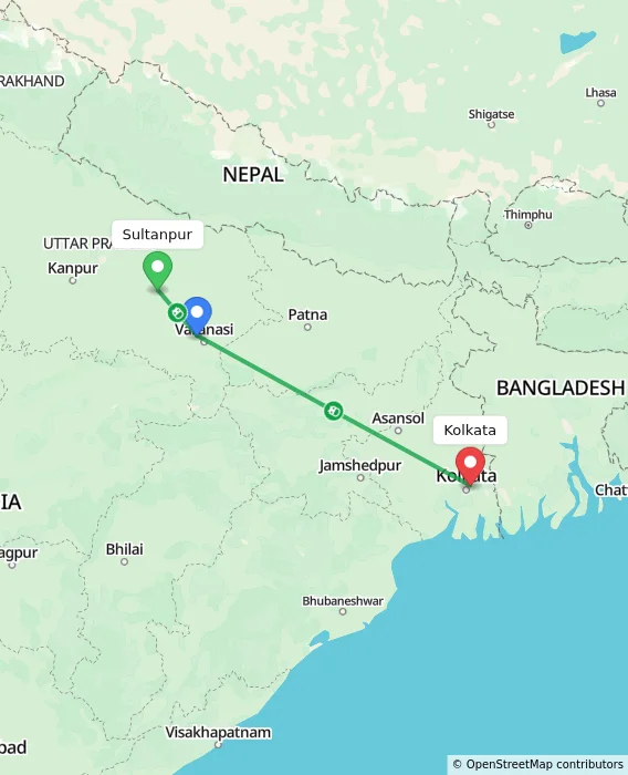 Route map showing distance and travel time from Sultanpur, India to Kolkata, India