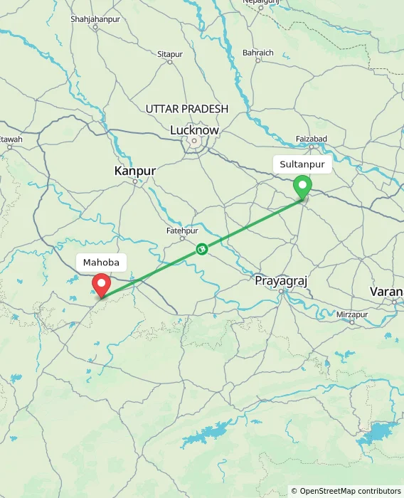 Route map showing distance and travel time from Sultanpur, India to Mahoba, India