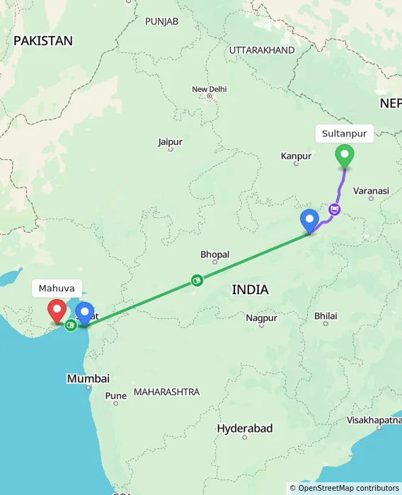 Route map showing distance and travel time from Sultanpur, India to Mahuva, India