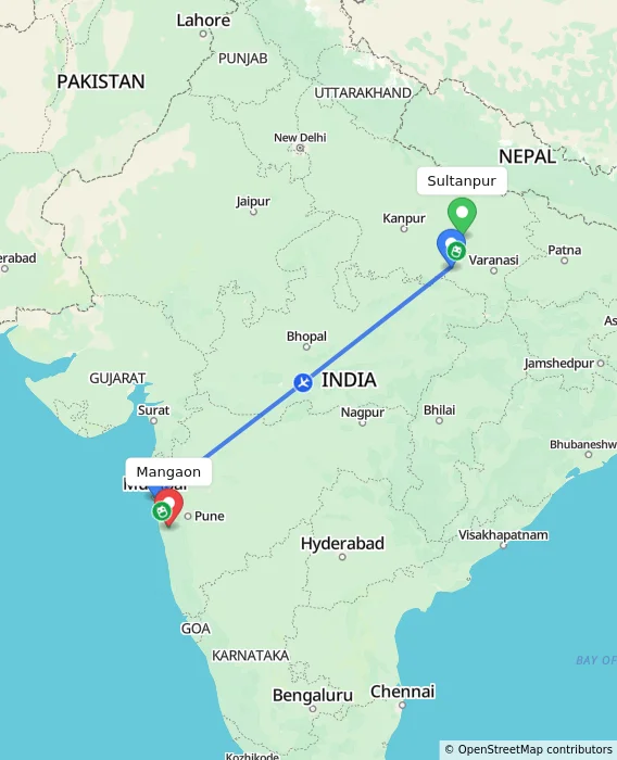 Route map showing distance and travel time from Sultanpur, India to Mangaon, India