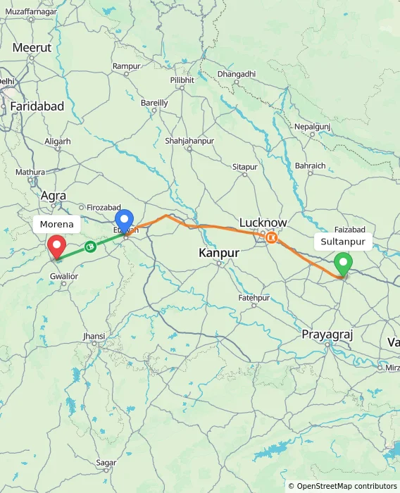 Route map showing distance and travel time from Sultanpur, India to Morena, India