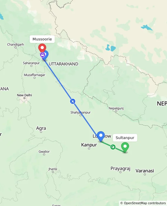 Route map showing distance and travel time from Sultanpur, India to Mussoorie, India