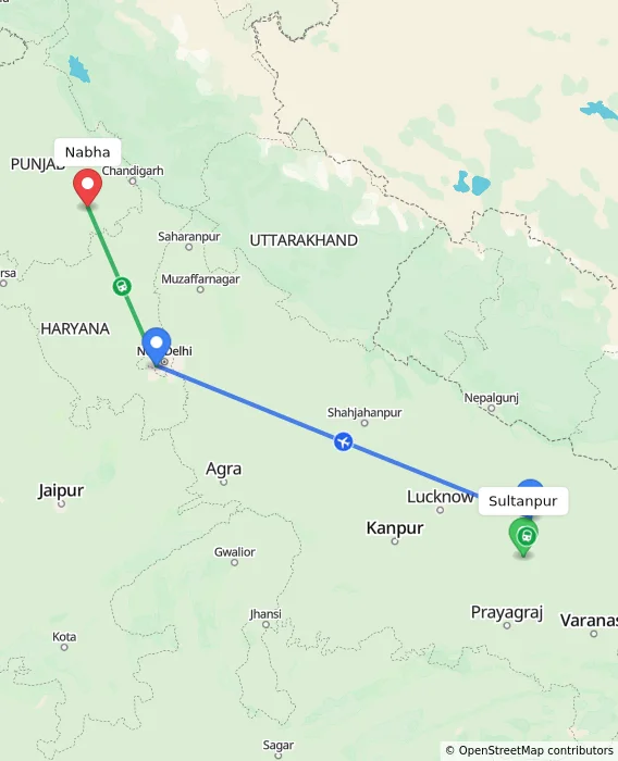 Route map showing distance and travel time from Sultanpur, India to Nabha, India