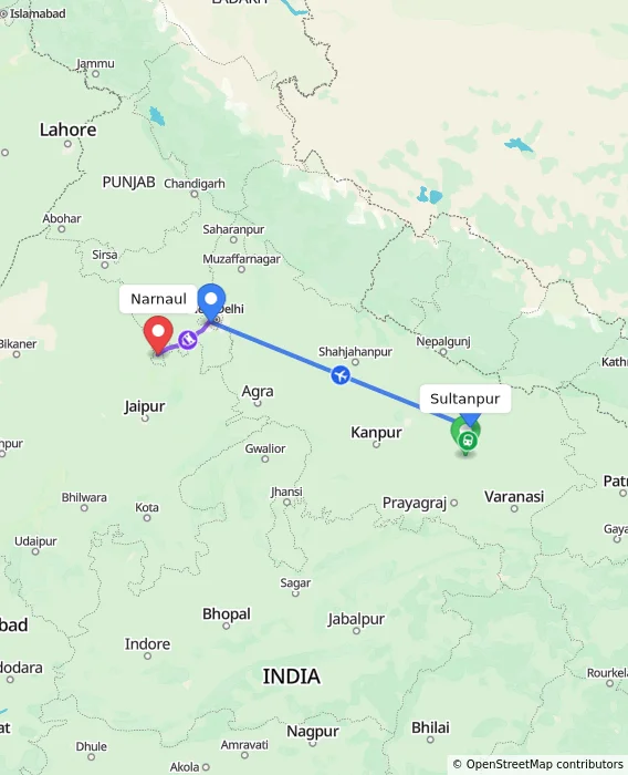 Route map showing distance and travel time from Sultanpur, India to Narnaul, India