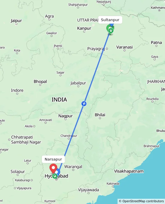Route map showing distance and travel time from Sultanpur, India to Narsapur, India