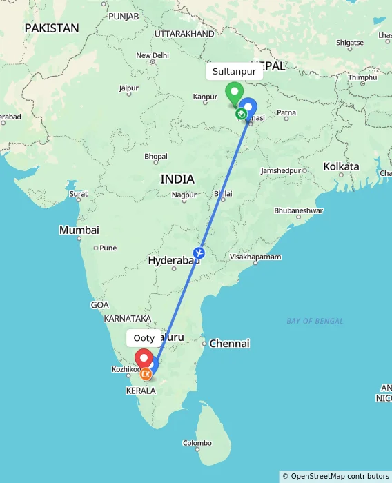 Route map showing distance and travel time from Sultanpur, India to Ooty, India