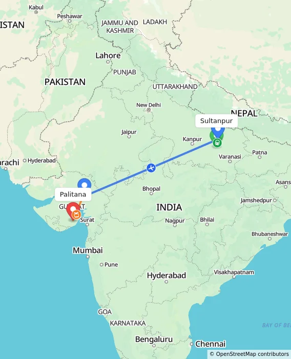 Route map showing distance and travel time from Sultanpur, India to Palitana, India