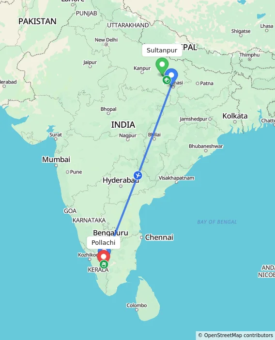 Route map showing distance and travel time from Sultanpur, India to Pollachi, India