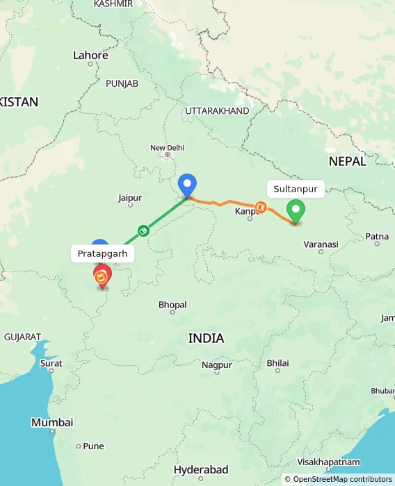 Route map showing distance and travel time from Sultanpur, India to Pratapgarh, India