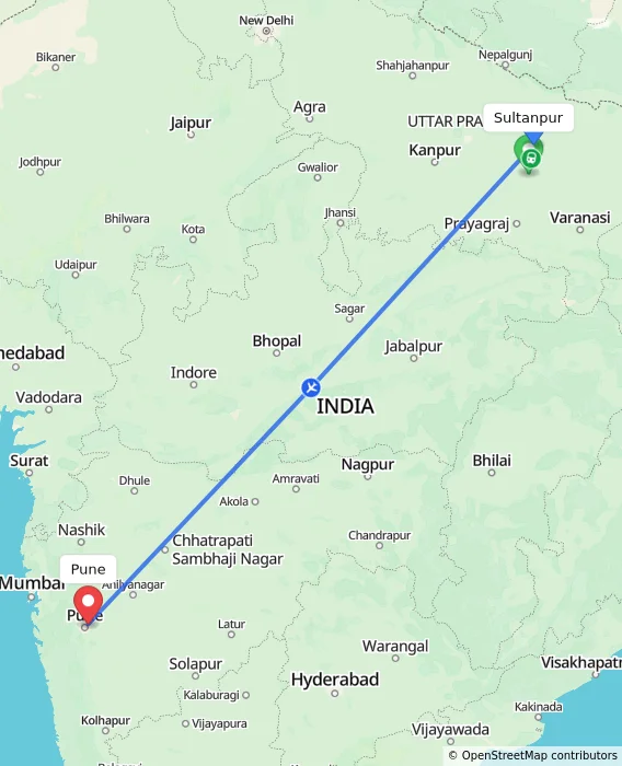 Route map showing distance and travel time from Sultanpur, India to Pune, India