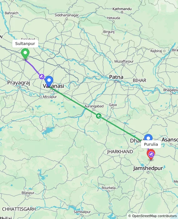 Route map showing distance and travel time from Sultanpur, India to Purulia, India