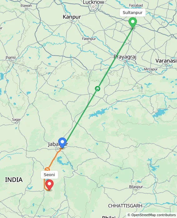 Route map showing distance and travel time from Sultanpur, India to Seoni, India
