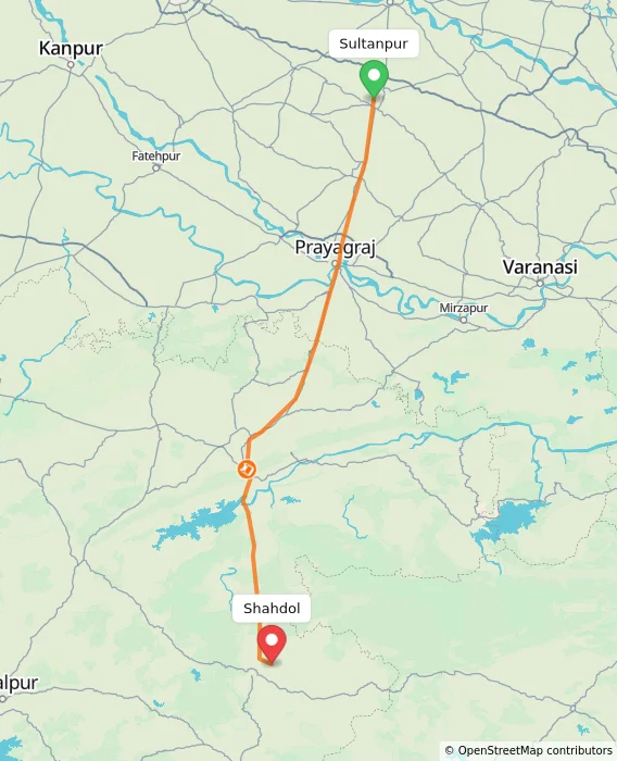 Route map showing distance and travel time from Sultanpur, India to Shahdol, India