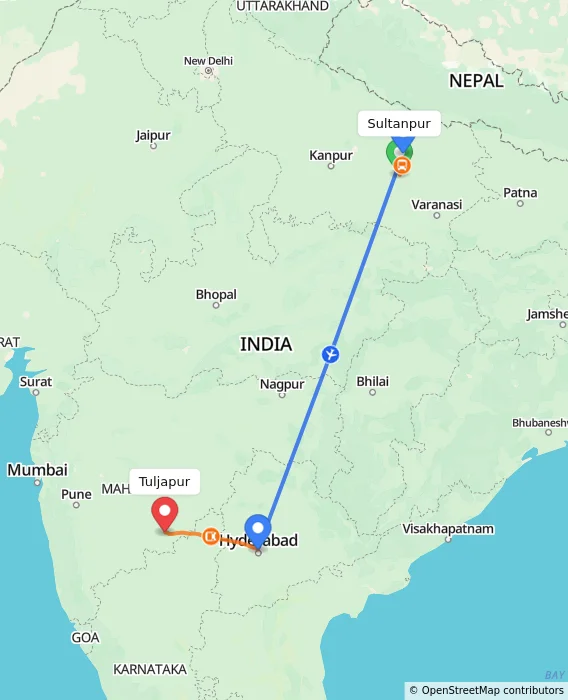 Route map showing distance and travel time from Sultanpur, India to Tuljapur, India