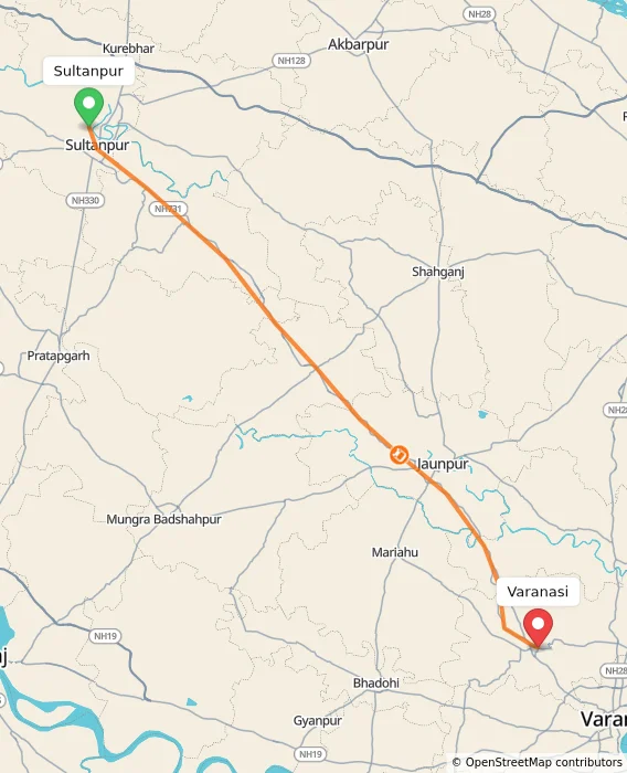 Route map showing distance and travel time from Sultanpur, India to Varanasi, India