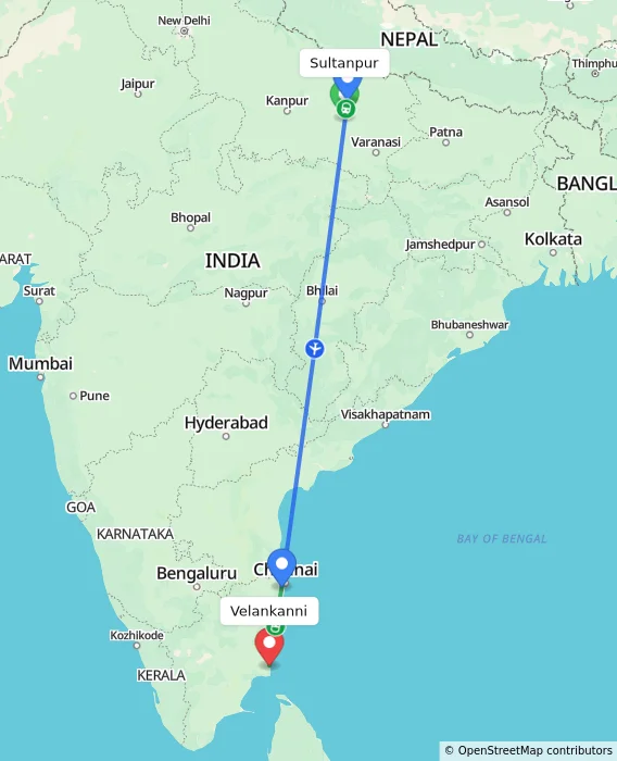 Route map showing distance and travel time from Sultanpur, India to Velankanni, India