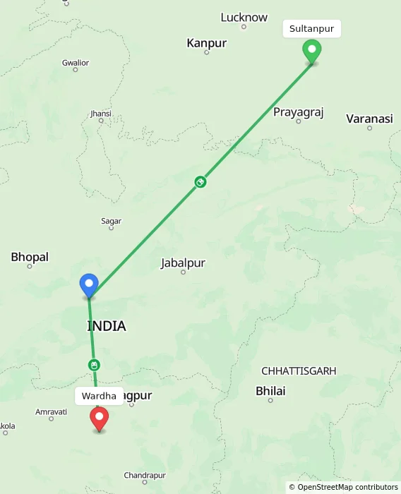 Route map showing distance and travel time from Sultanpur, India to Wardha, India
