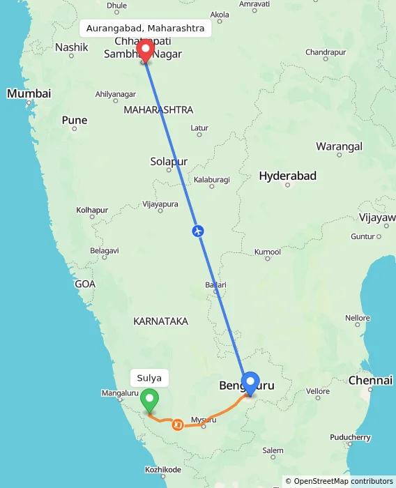 Route map showing distance and travel time from Sulya, India to Aurangabad, Maharashtra, India