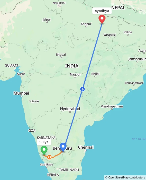 Route map showing distance and travel time from Sulya, India to Ayodhya, India
