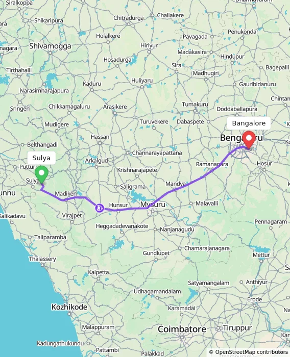 Route map showing distance and travel time from Sulya, India to Bangalore, India