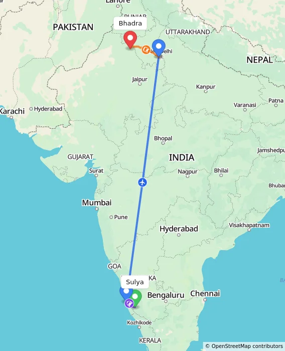 Route map showing distance and travel time from Sulya, India to Bhadra, India